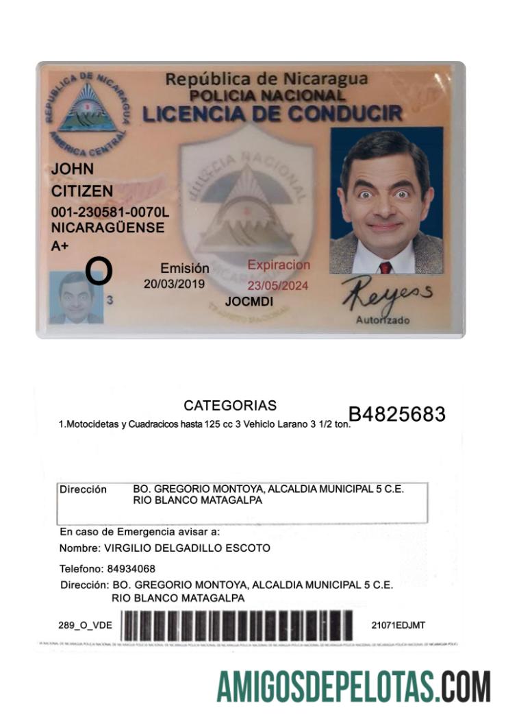 Carteira de habilitação da Nicarágua 2019 presente amostra